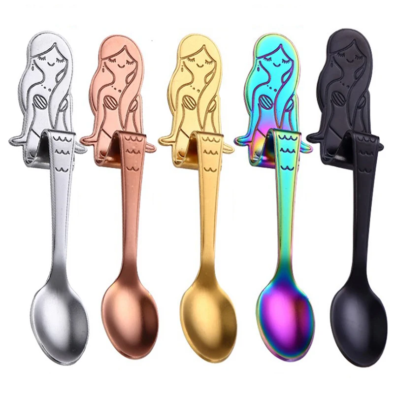 

1Pcs Mermaid Coffee Spoons 304 Stainless Steel Hanging Coffee Spoon Teaspoon Sugar Moka Ice Cream Tea Spoon Kitchen Accessories