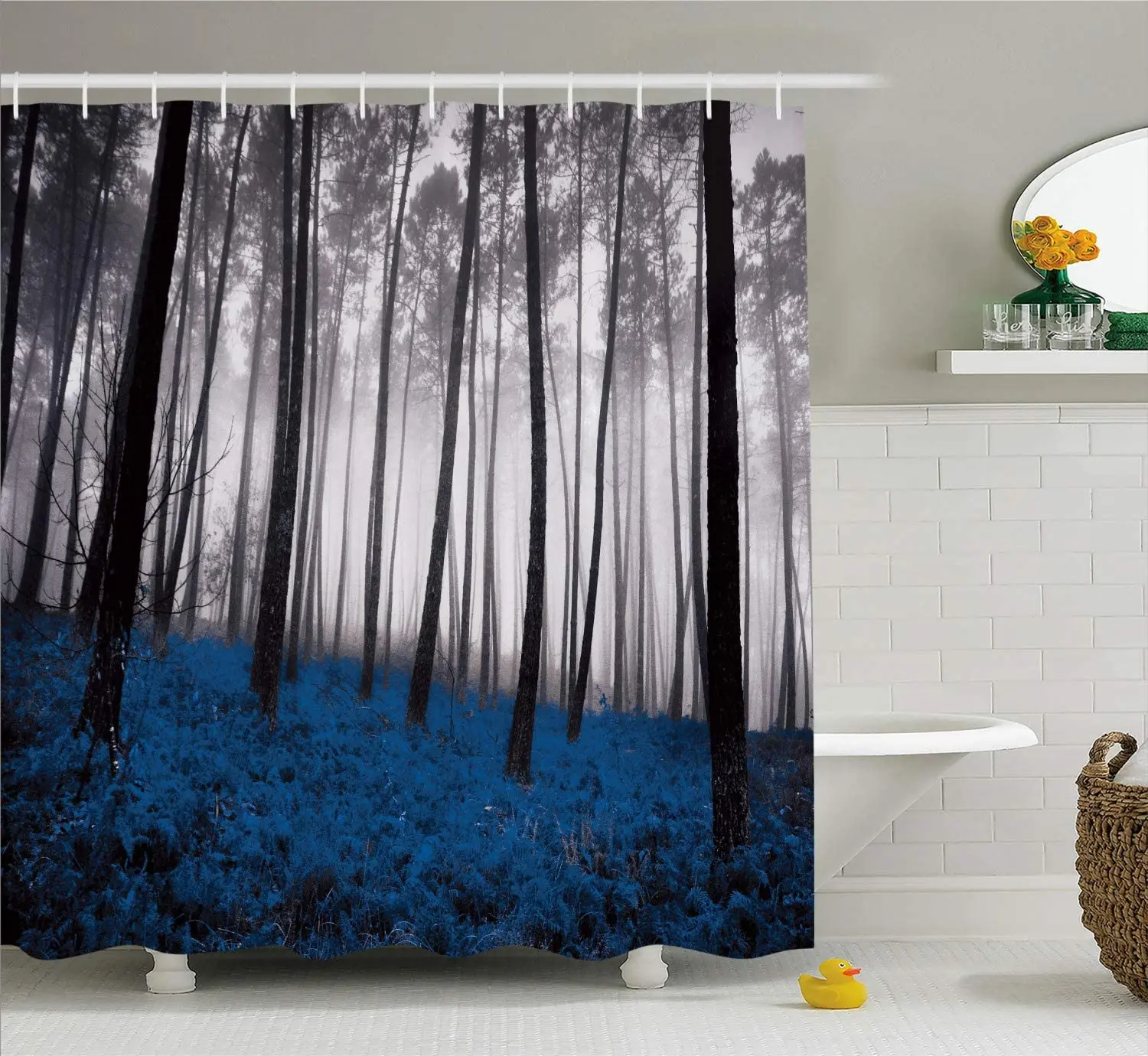 

Forest Shower Curtain Mystical Fantasy Woodland Under Heavy Fog Tall Trees Bushes Contrast Colors Cloth Fabric Bathroom Decor