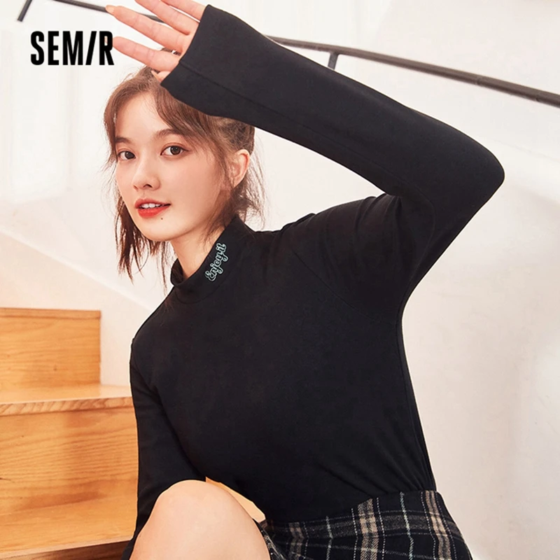 

SEMIR Long Sleeve T-Shirt Women Half-High Collar German Velvet Bottoming T Shirt 2021 Winter New Cute Embroidery