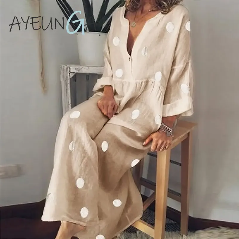 Платье макси в горошек с V образным вырезом и длинным рукавом|Женские платья| |