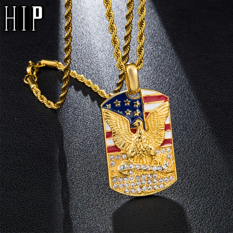 Хип хоп Iced Out Bling американский флаг с орлом проложили стразом из нержавеющей стали