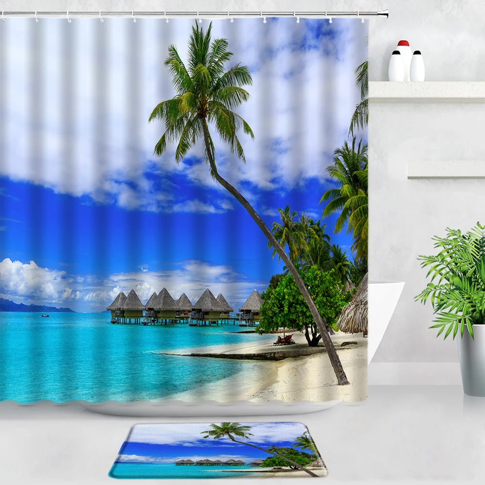 

Palm Tree Surfboard Waterproof Shower Curtain Set Camping Car Summer Scenery Flannel Bathroom Decor Carpet Non-slip Rug Bath Mat