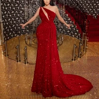 2021 sequined slim red evening prom dress fashion one shouler hollow out elegant cocktail vestido wedding party robe women