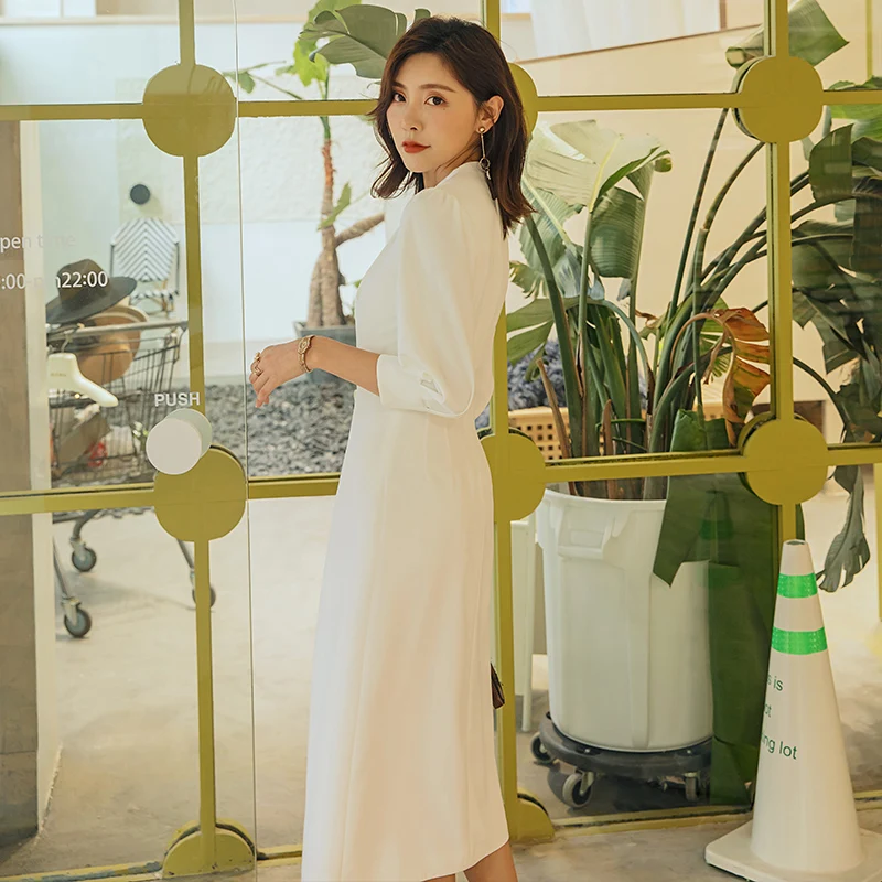 Осеннее длинное белое платье YIGELILA однотонное элегантное трапеция до середины