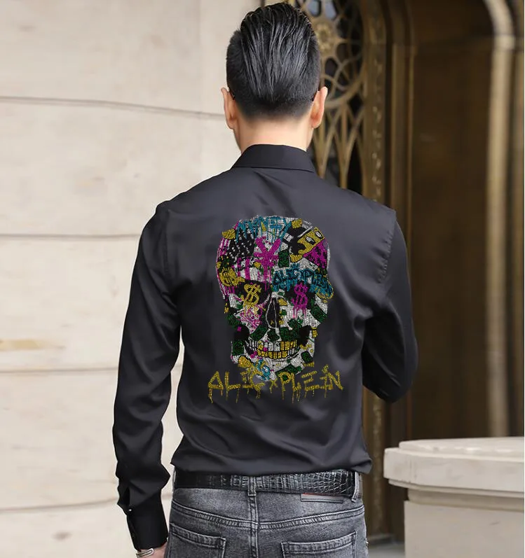 

Rhinestone Men Shirt Brand 2021 Male High Quality Long Sleeve Shirts Casual Slim Fit Black Man Clothes Dress Shirts