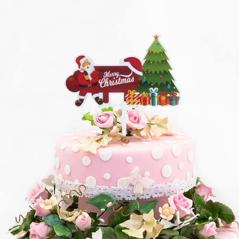 

1Pc Christmas Acrylic Flags Cake Topper Cartoon Xmas Tree Santa Snowman Elk Cupcake Toppers for Navidad Party Cake Decoration