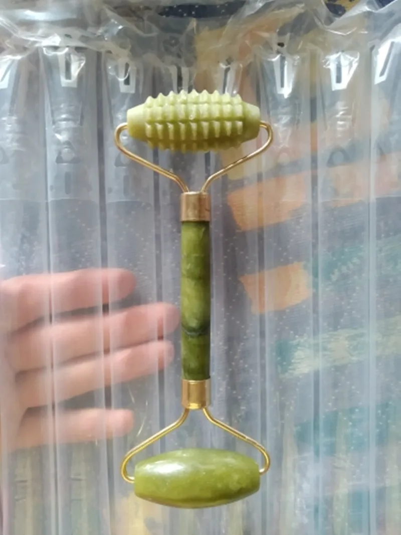 Роликовый массажер для лица натуральный камень нефрит лицевой двойной головы