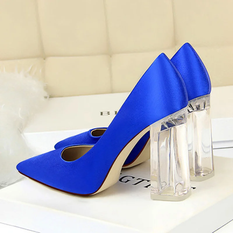 

2021 Women Square Heel Pointed Toe Single Shoes Female PU Leather High Heels Autumn Sexy Prom Wedding Shoes