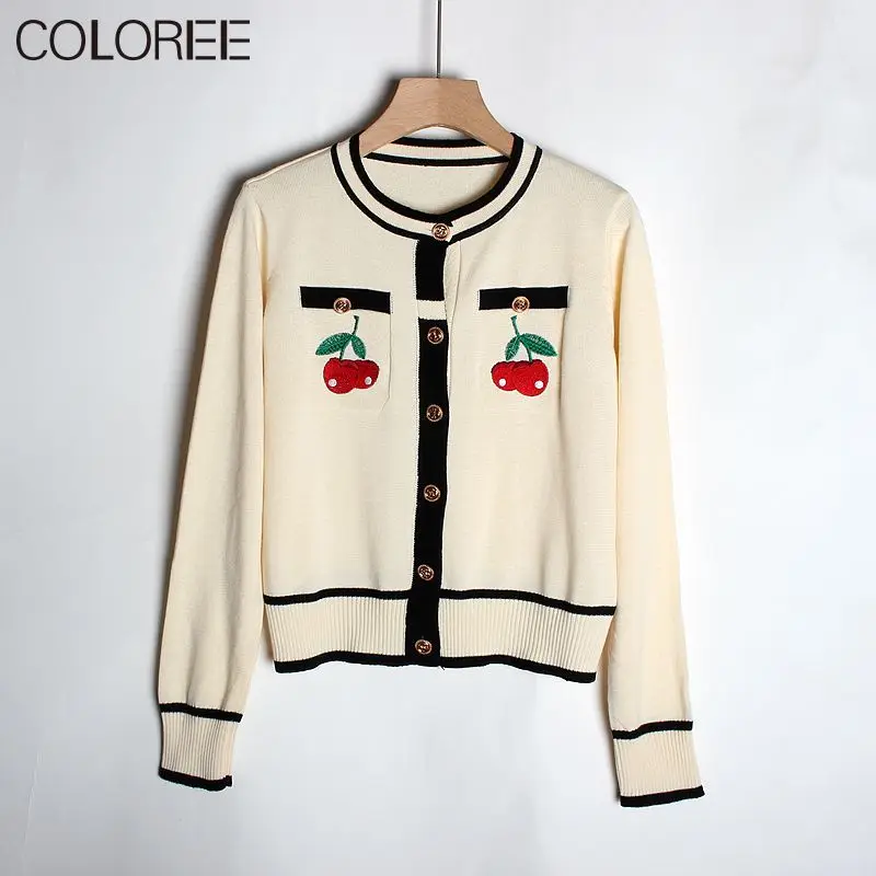 

Elegant Cherry Embroidery Knitted Cardigan Women 2021 Winter Korean Fashion Designers O-neck Long Sleeve Tops Sweater Muje
