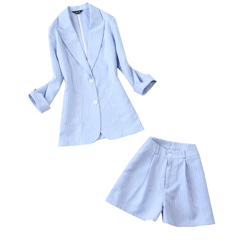 Set female 2019 new striped seven-point sleeve small suit jacket wide leg shorts two-piece temperament was thin women's clothing |