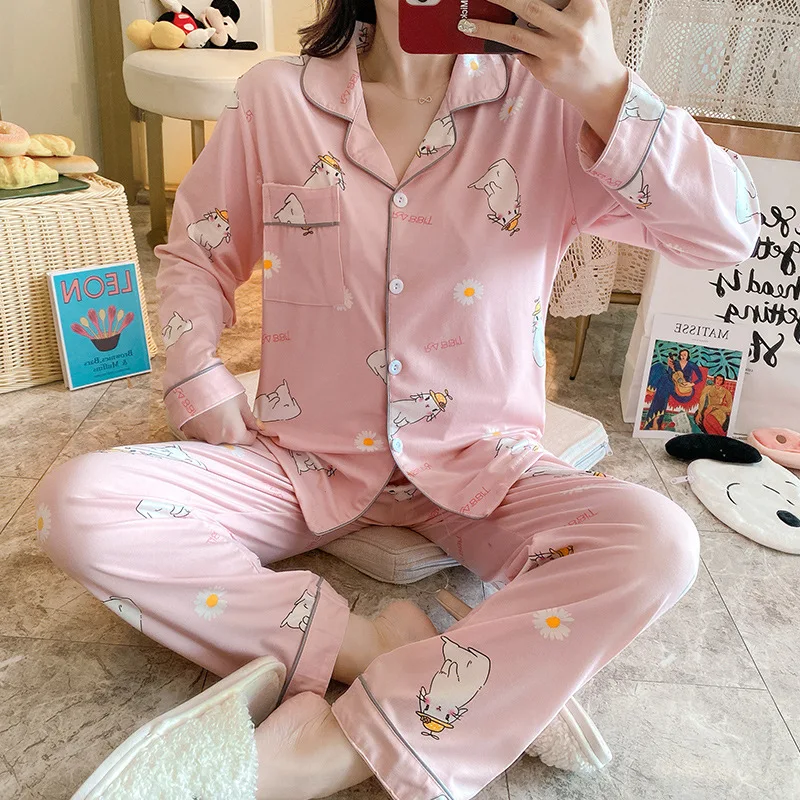 

Fashion Women Loose Cardigan Lapel Long Sleeve Printed Pajamas Set 2/pce Set