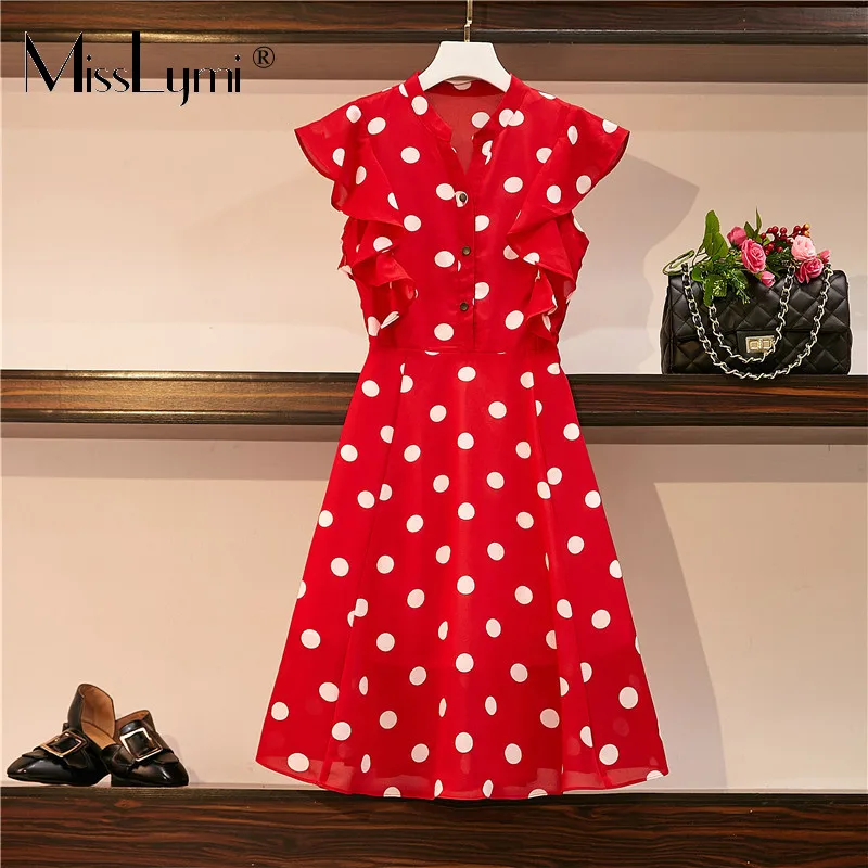 

L-4XL Plus Size Women Polka Dot Dress Red Summer 2021 New Japanese Sweets V-neck Single-breasted Butterfly Sleeve Chiffon Dress