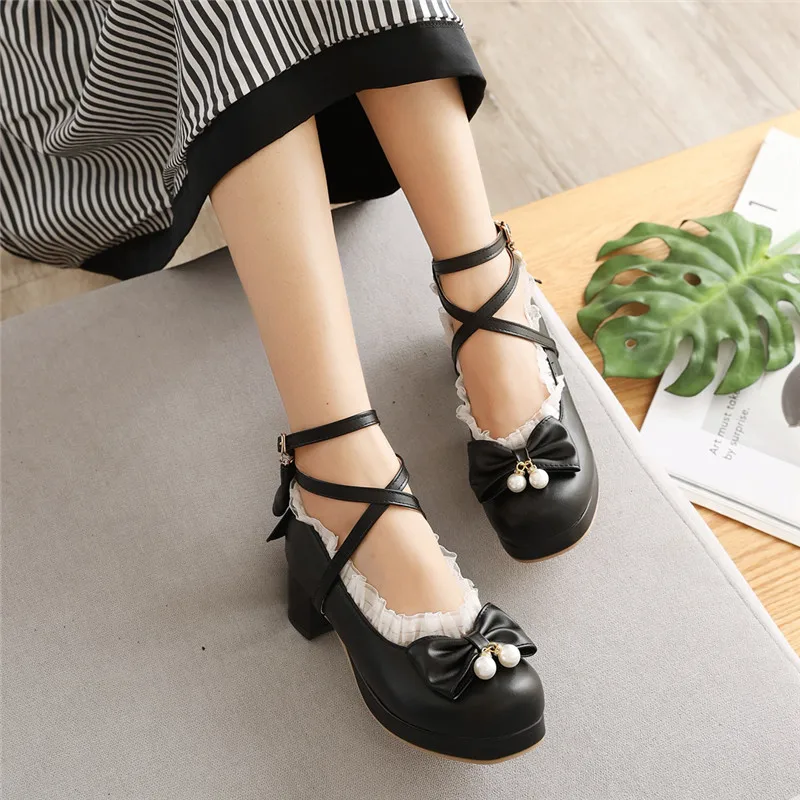 

Smeeroon 2020 new arrive women pumps bowknot pearl buckle single shoes comfortable square heel platform casual shoes ladies