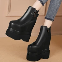 16cm punk creepers women genuine leather super high heels motorcycle boots female round toe chunky platform pumps casual shoes