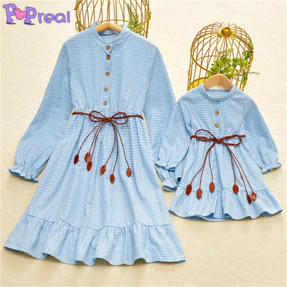 

PopReal Parent-Child Outfit Mom And Daughter Dress Lattice Belt Buttons A-Line Skirt Family Matching Clothes