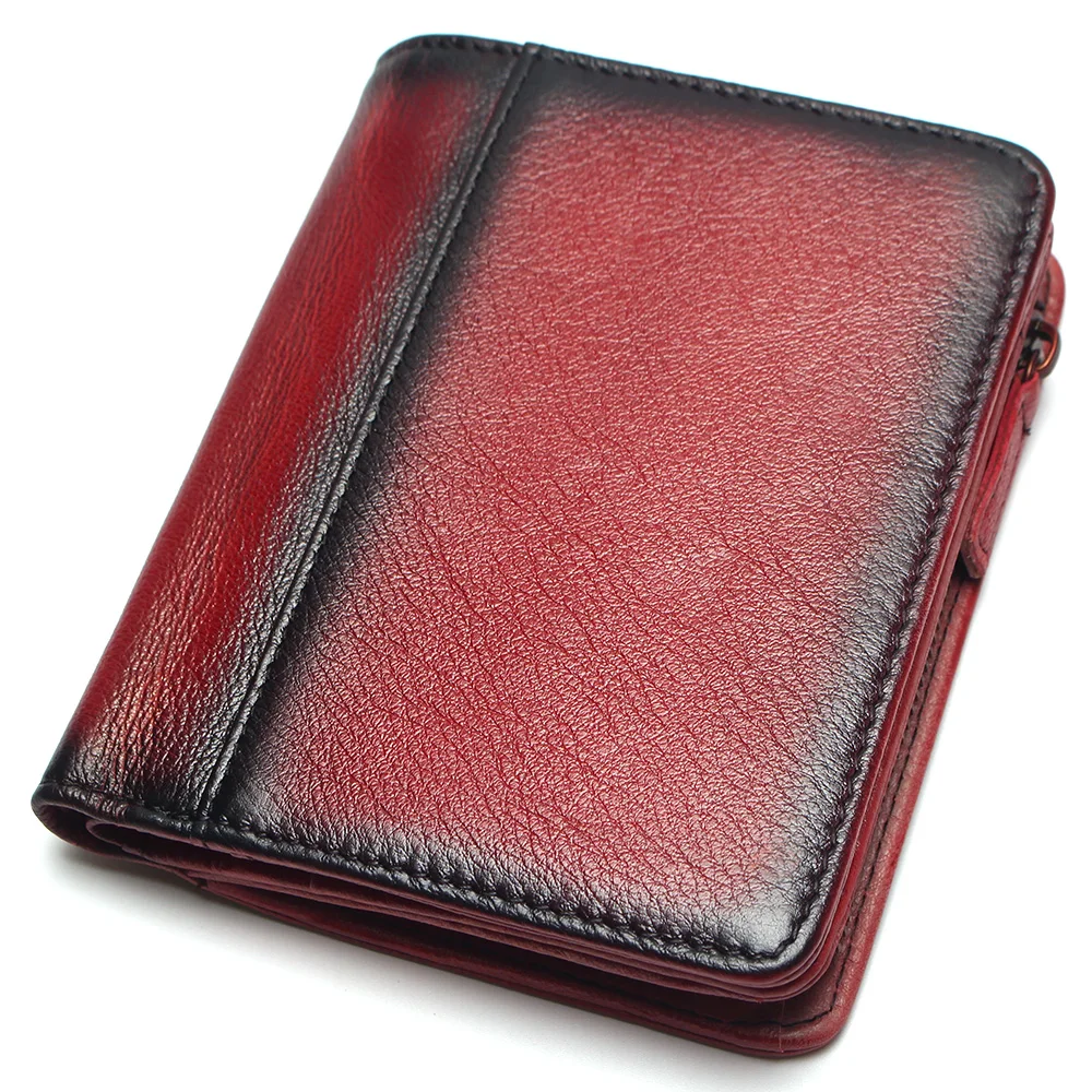 Red Natural Leather RFID Blocking Men's Top Layer Leather Brushed Wallet Handmade Retro Wallet Pure Leather Leather Coin Purse - Цвет: Red