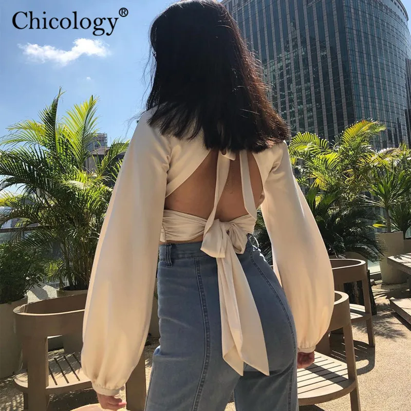 Chicology леди атласное Атлас Блузка Женское с открытой спиной зашнуровать выдолбить