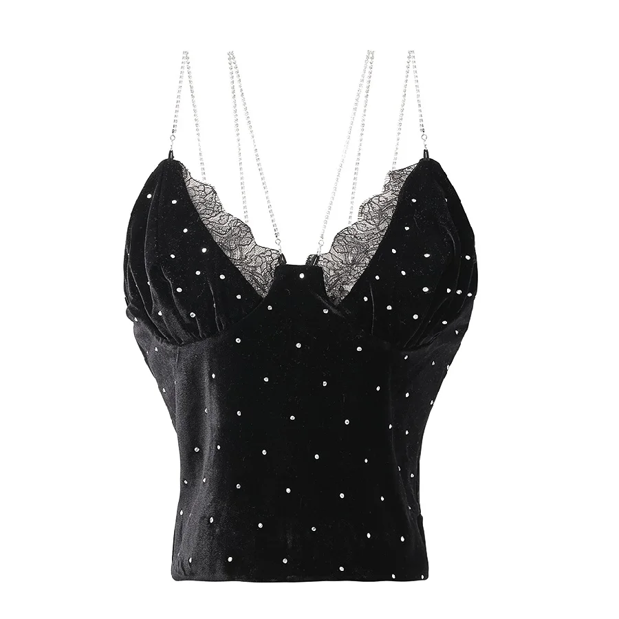 Summer women's velvet lace diamond suspenders sexy cropped shoulders double shoulder vest 2021 tights strapless tops T-shirts XL