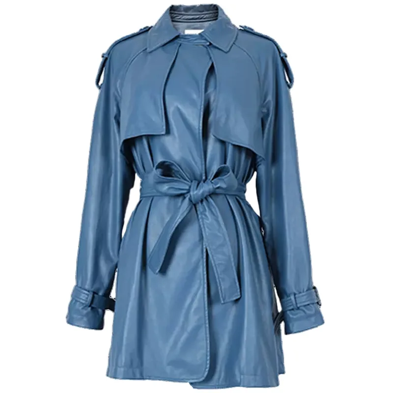 

LANMREM 2021 new autumn turn-down collar soft PU Leather high quality spliced blue color jacket with waist belt WK38505L