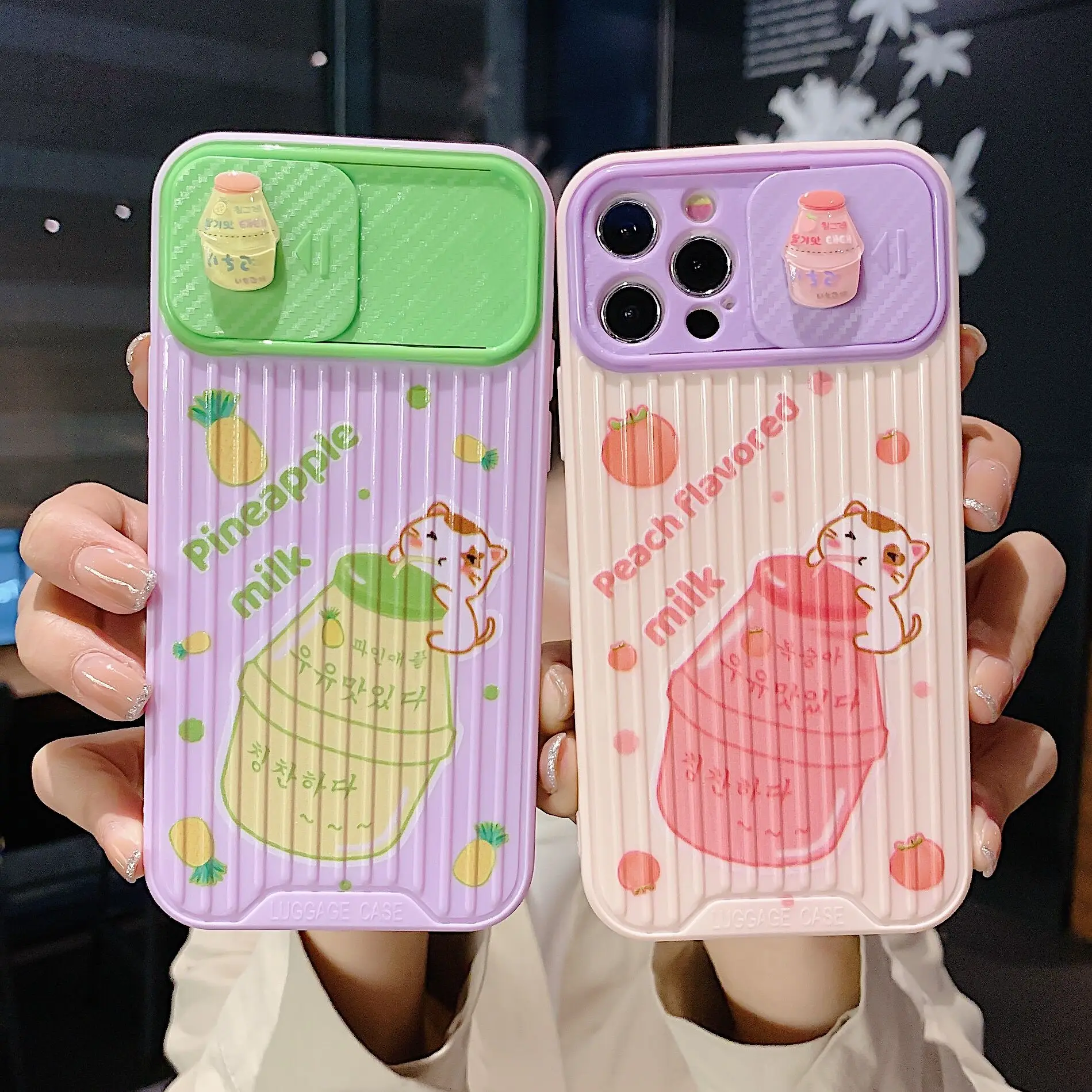 

Slide Camera Lens Protection Phone Case For iPhone 11 Pro Max Case 12Mini X XR XS 7 8 Plus 3D DIY Cute Cat Fruit Milk Back Cover