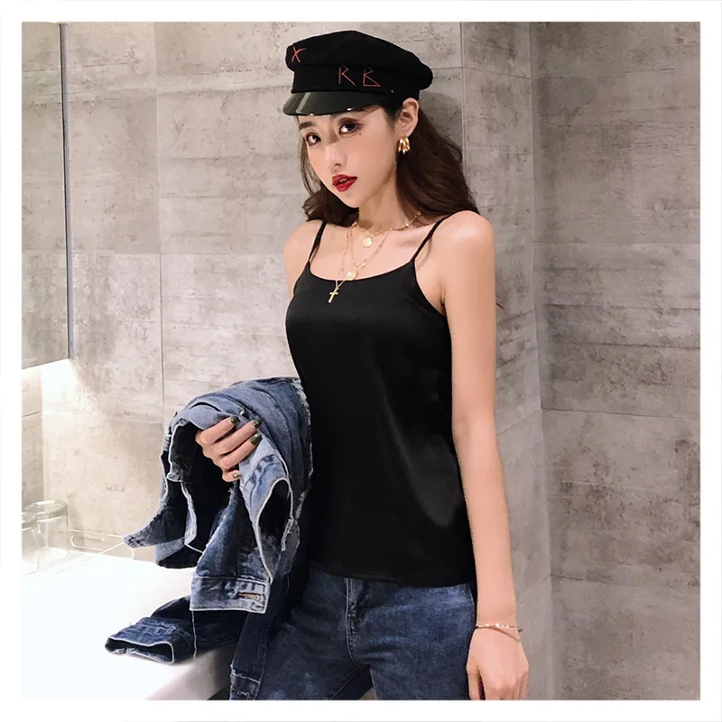 

Real Shot Silky Texture Gloss Satin New Take A Single Wearing Thin Shoulder Strap Camisole Women
