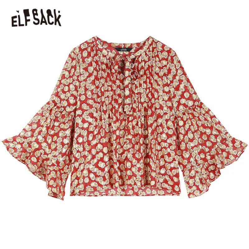 

ELFSACK Daisy Flowers Bronzing Chiffon Casual Blouse Women 2021 Spring ELF Vintage Lace Up Full Sleeve Sweety Girly Daily Top