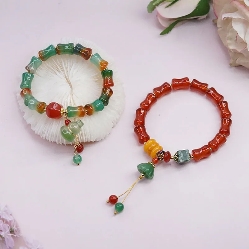

Autumn and Winter New Bamboo Agate Bracelet Female Transit Gourd Lotus Pendant Ethnic Style Retro Live Jewelry