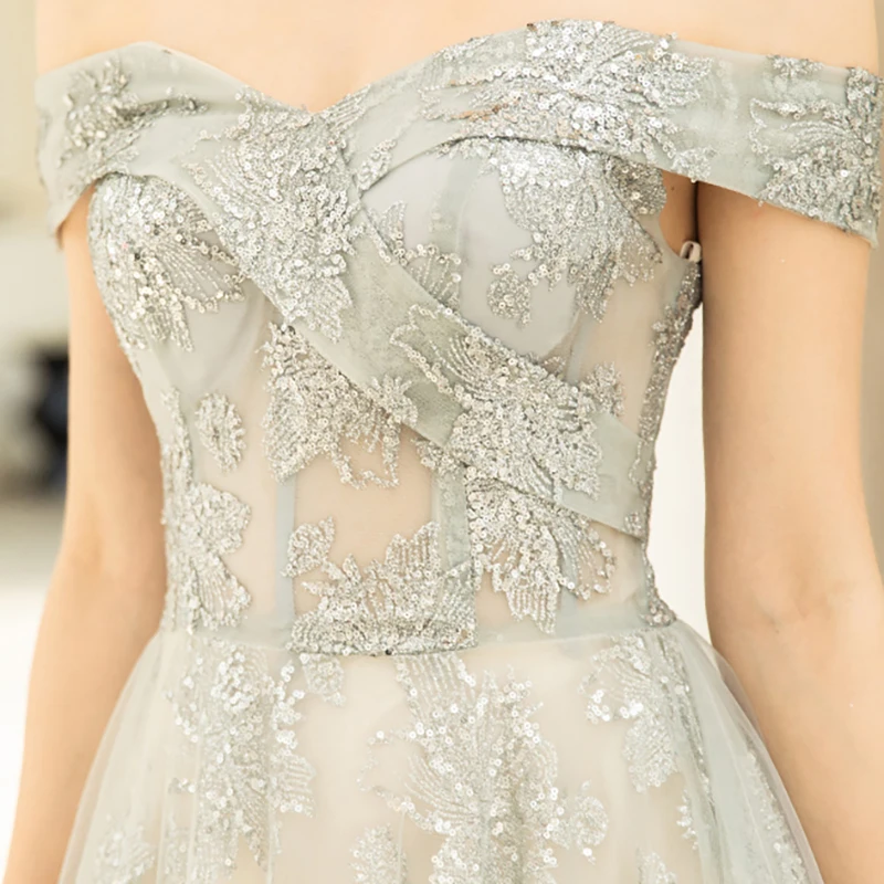 

Bespoke Occasion Dresses Illusion V-Neck Short Sequined Lace Tulle Off The Shoulder Luxury Gray Women Wedding Party Gown TS082