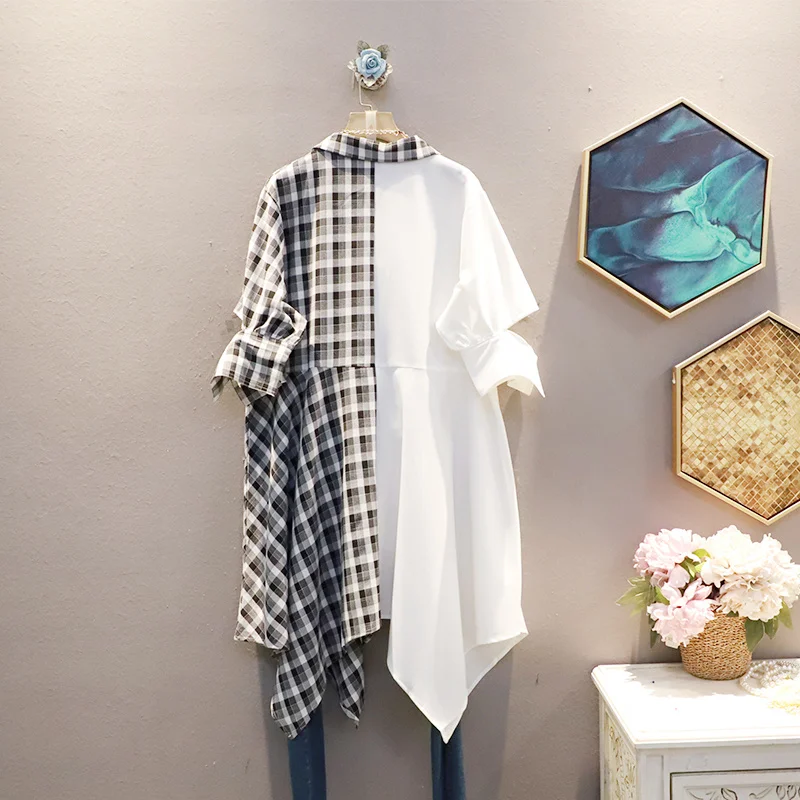 

QING MO 2021 Summer New Women Dress Loose And Thin Large Size Dress Plaid Irregular Hem Shirt Women Dress Black Blue ZWL070