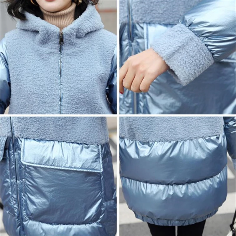 

2020 New Winter Glossy Down Jacket Women Warm Hooded Long Coat Plus Size Fashion Female Parka Lambswool Splice Coat Women G332