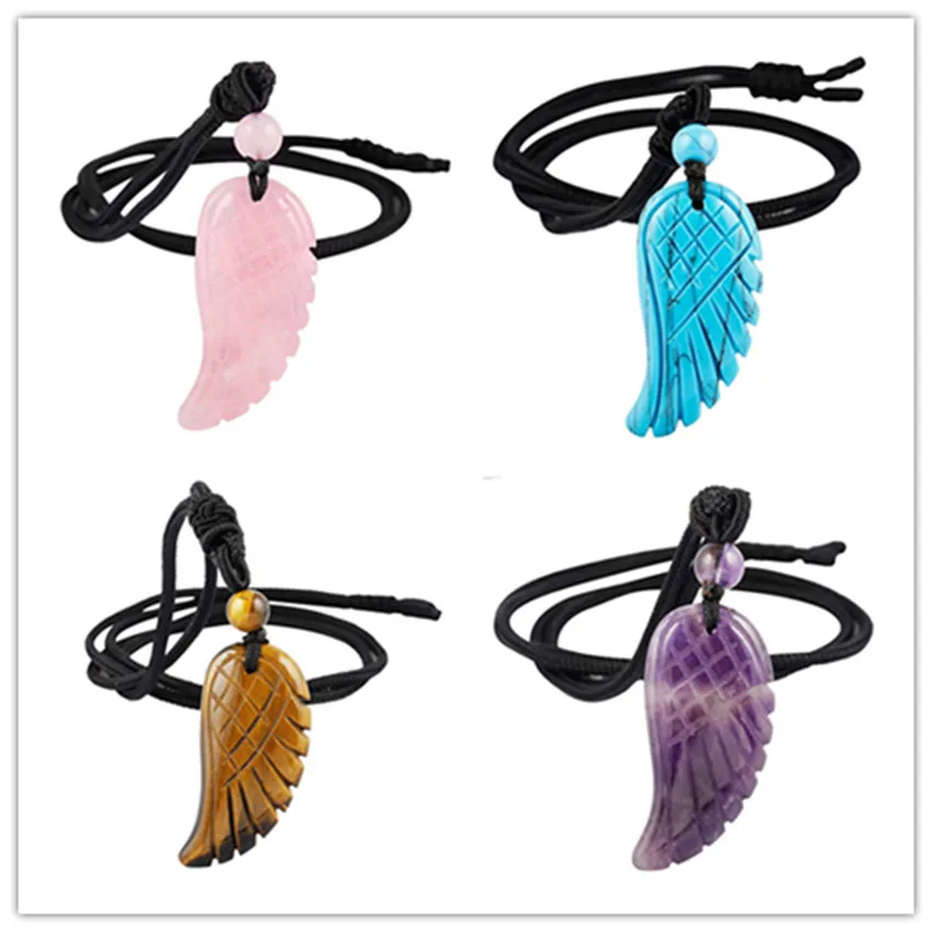 

FYJS Unique Handmade Weave Rope Chain Amethysts Stone Angel Wing Pendant with Beads Necklace Black Agates Jewelry