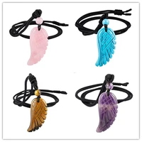 fyjs unique handmade weave rope chain amethysts stone angel wing pendant with beads necklace black agates jewelry