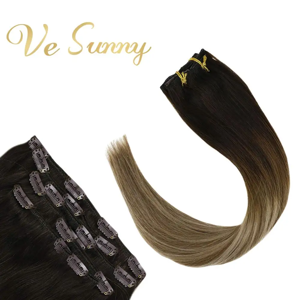 VeSunny Double Weft Clip in Hair Extensions Human 7pcs 120gr on Balayage Ombre Brown mix Blonde #2/6/18 | Шиньоны и парики