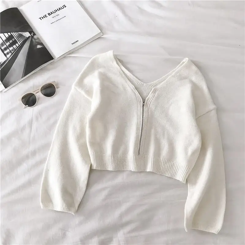 

Knitted sweater feminine 2021 pure color ladies longsleeved casual thin chic zipper knitted sweater Korean version special autum