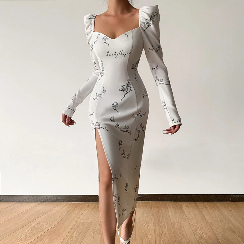 

Dress For Women Casual Clothing Female Autumn Clothes Summer Set 2022 New Gentle Print Neck High Waist Split Polyester Sierra