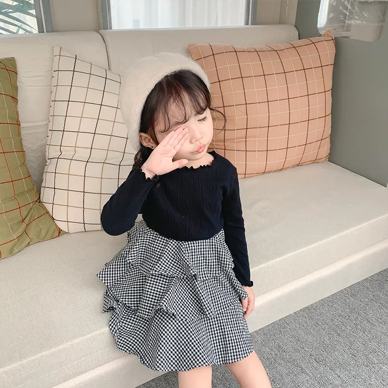 2019 Autumn New Arrival Korean style cotton matching colors princess long sleeve plaid cake dress for cute sweet baby girls | Детская