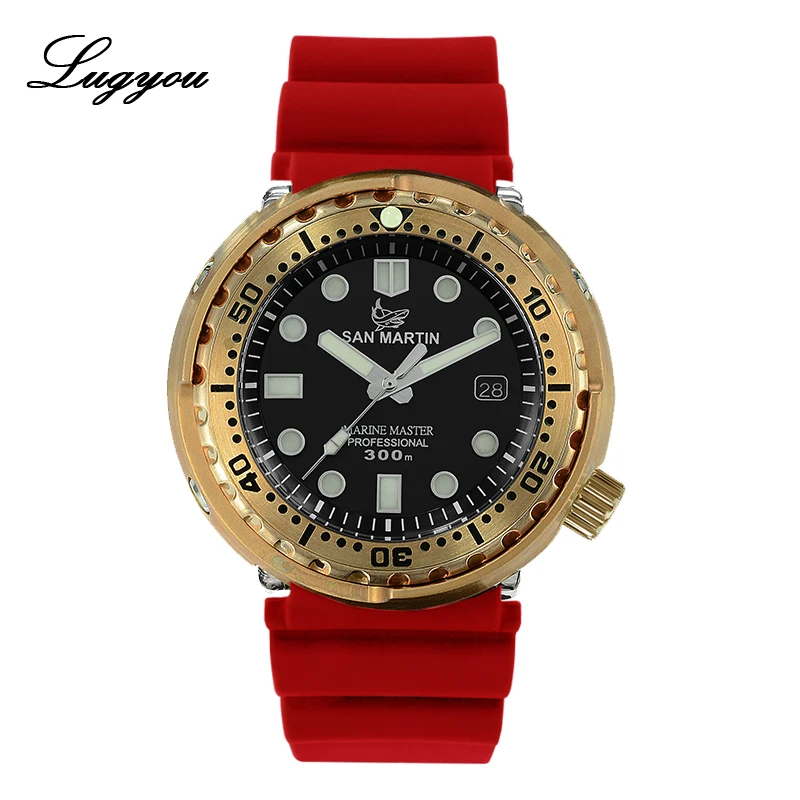 Shark Red NH35 Lugyou Сан Мартин тунец SBBN015 механические мужские часы бронзовая резина черный сапфир выпуклые 300 метров Водонепроницаемость супер свечение - Цвет: Shark Red NH35