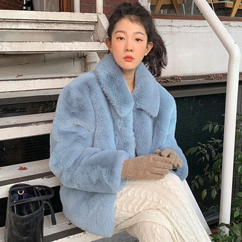 

Korean Chic Autumn and Winter Temperament Lapel Plush Imitation Fur Warm Thick Fur Integrated Short Coat Female