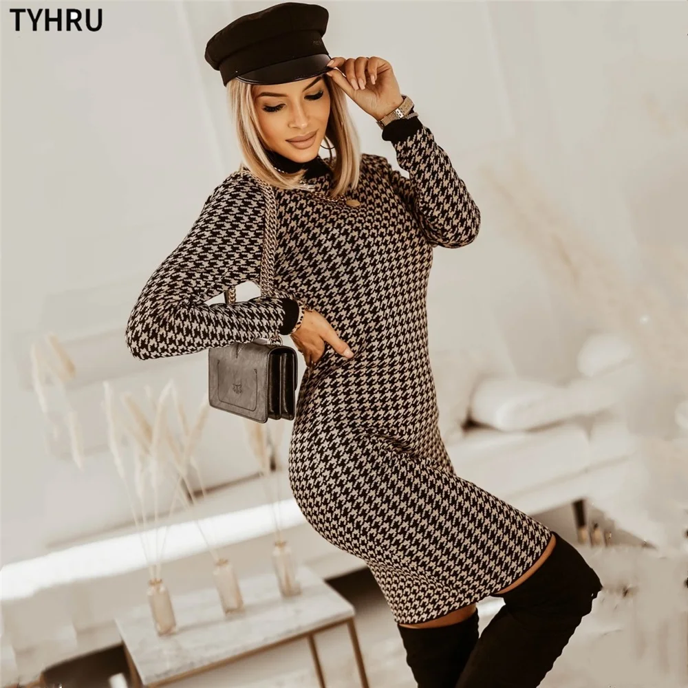 

TYHRU Women's Knitting Dress Autumn And Winter New Houndstooth Sweater Dress New fashion knitted Slim Fit Buttocks Dress