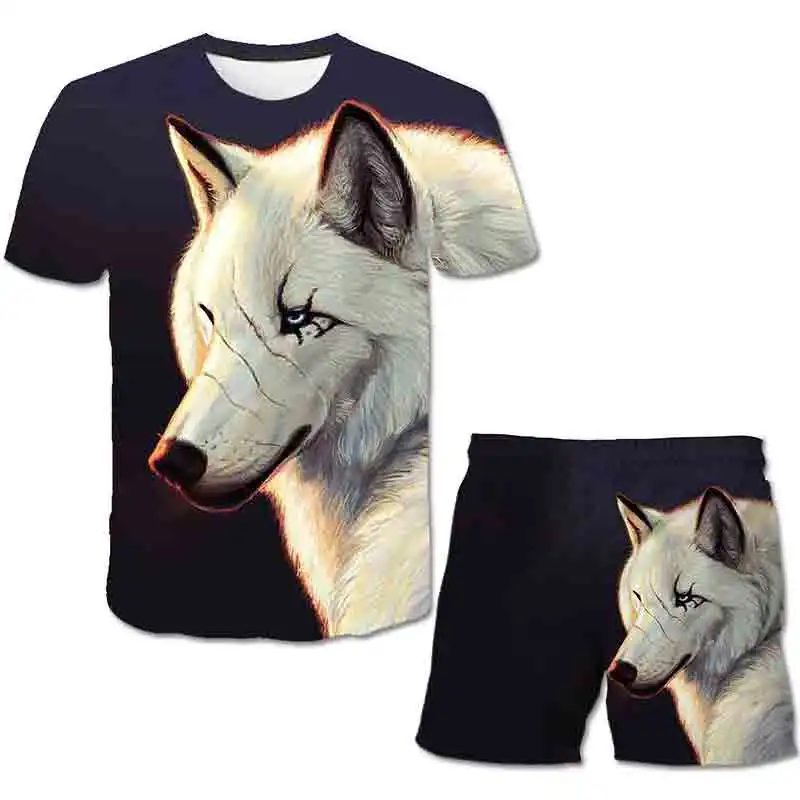 

Summer 2021 Kids 3D T-Shirt Boys and Girls Cute Animal Cartoon Wolf Fun Print Shorts Kids Fashion Set