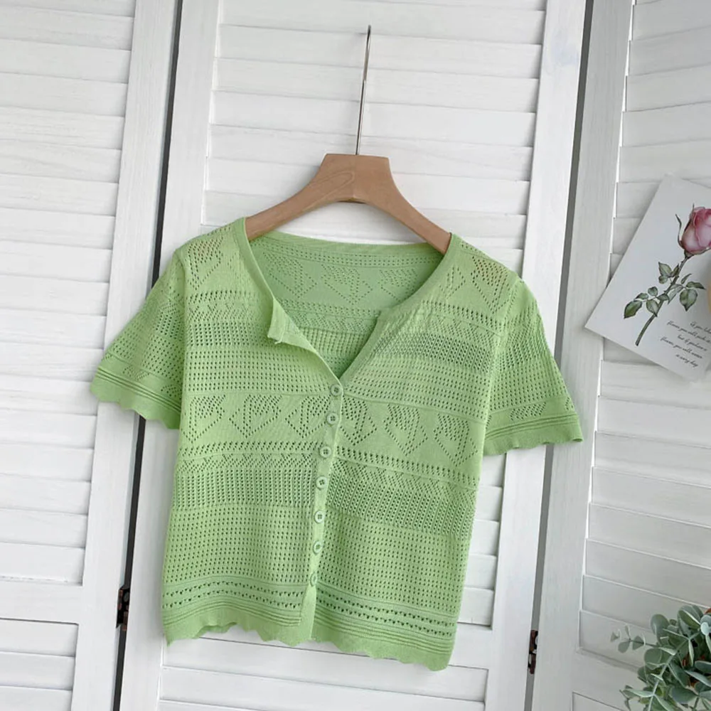 

Women Knitted Cropped Cardigan Sweaters Female Short Sweater V Neck Loose Hollow Short Sleeve Knitwear Summer Solid Shawl Jacket