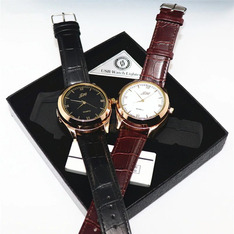 Часы мужские с зажигалкой модные перезаряжаемые USB часы беспламенным кожаным
