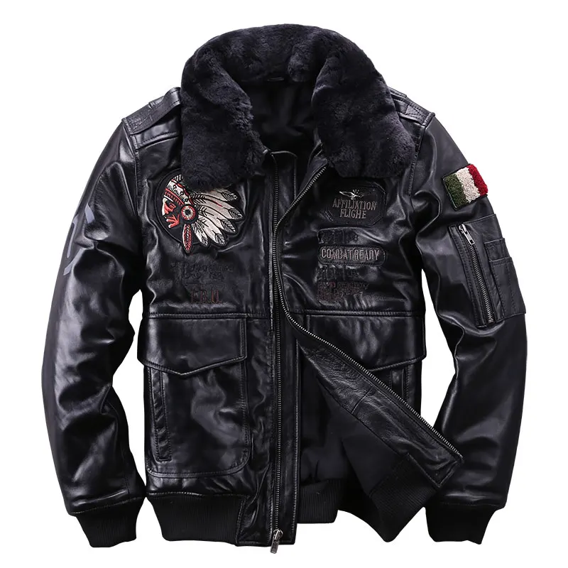 

2021 Air Force Flight Fur collar Genuine Men Bomber Sheepskin Motorcycle Jacket Real Leather Coat
