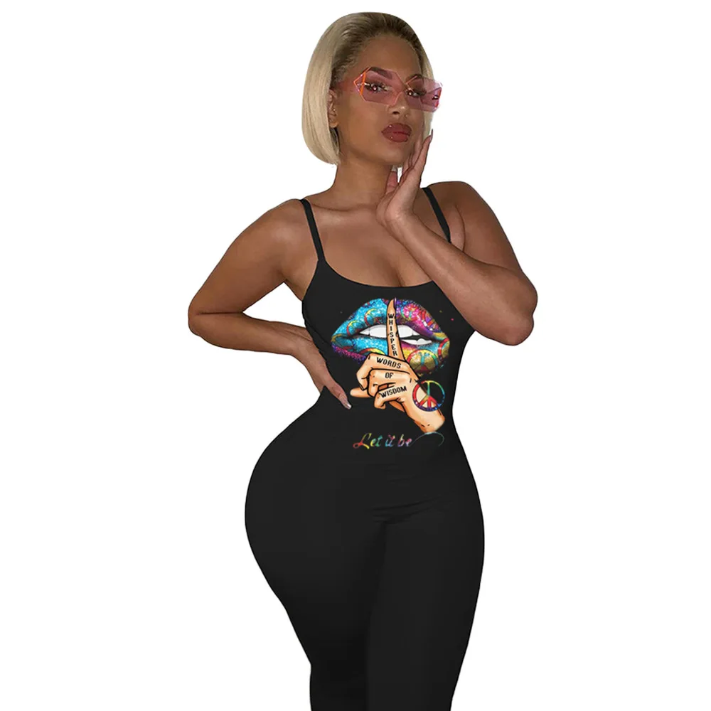 

Spaghetti Strap Sexy Skinny Jumpsuit for Women Black Mouth Lip Print Sleeveless Bodysuit Casual Low Neck Slim Femmescombinaisons