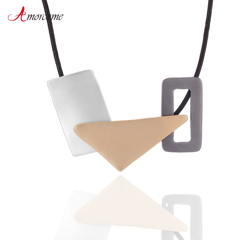 

Amorcome Fashion Statement Jewelry Irregular Geometric Metal Pendant Necklace Vintage Black Leather Rope Choker Necklaces Gift