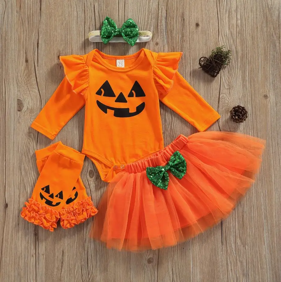 

4Pcs Halloween Baby Girls Outfit Pumpkin Printing Long Sleeve Round Collar Romper Mesh Bubble SkirtLeggings Headwear Costume Set