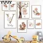 Индивидуальный постер с именем ребенка, персонализированная комната для девочек, настенный художественный Рисунок, декор с изображением кролика, оленя, лисы, грибов