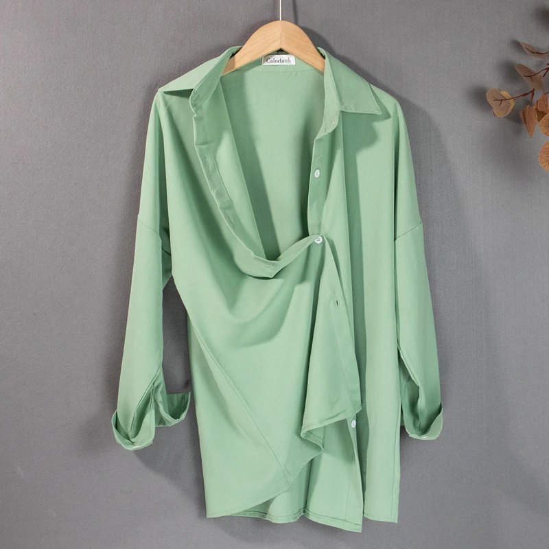 

Colorfaith New 2021 Spring Women's Blouse Solid Multi Colors Lapel Single-breasted Elegant Casual Oversize Wild Pink Tops BL1383