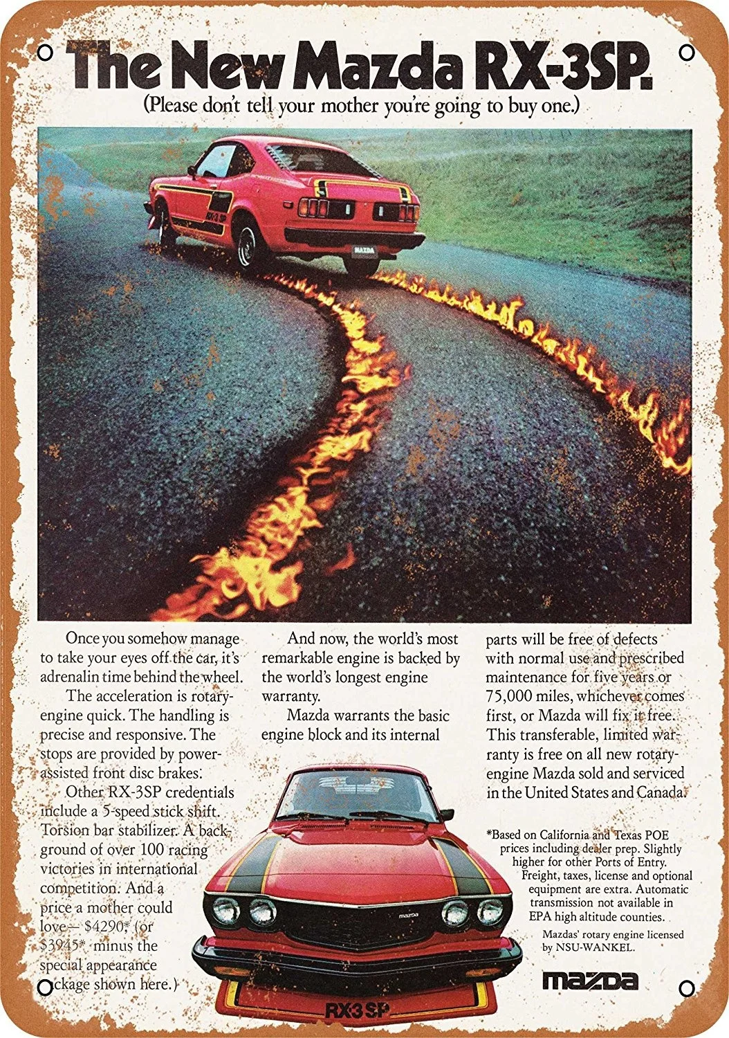 

Vintage Look Reproduction 2 Metal Sign 1977 Mazda Rx-3sp Wall Color 8 X 12 / 6X 12