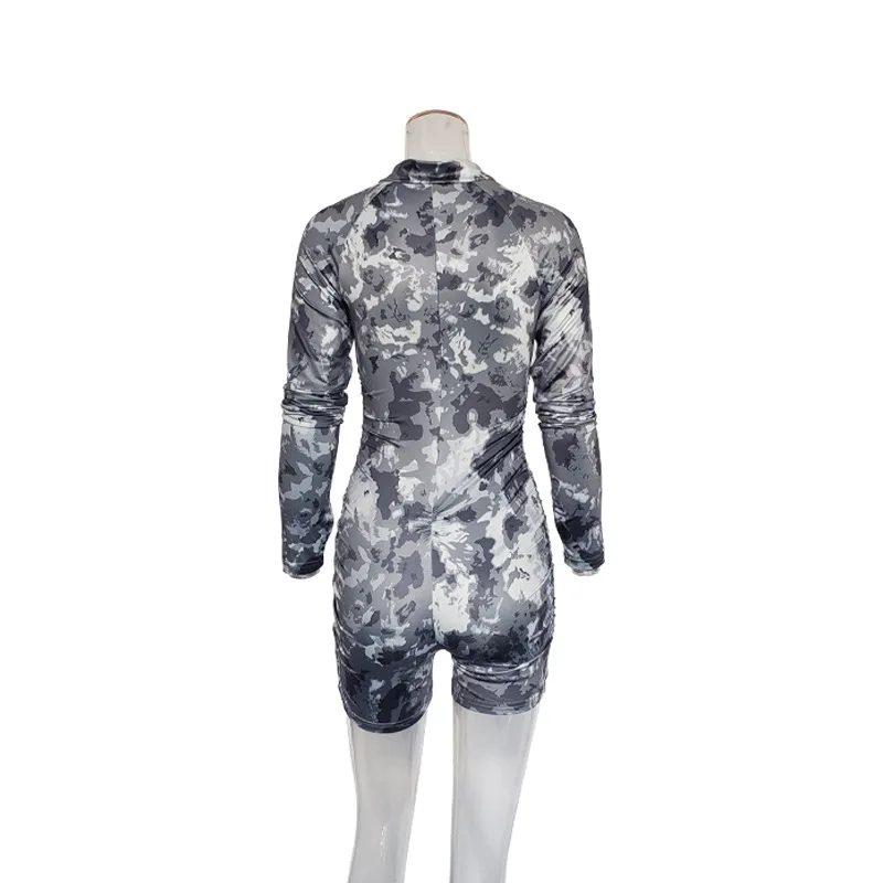 

WEPBEL Tie-Dye Print Playsuits Summer Slim-Fit Zipper Playsuits Women's Sexy Long Sleeve V-neck High Waist Straight Playsuits